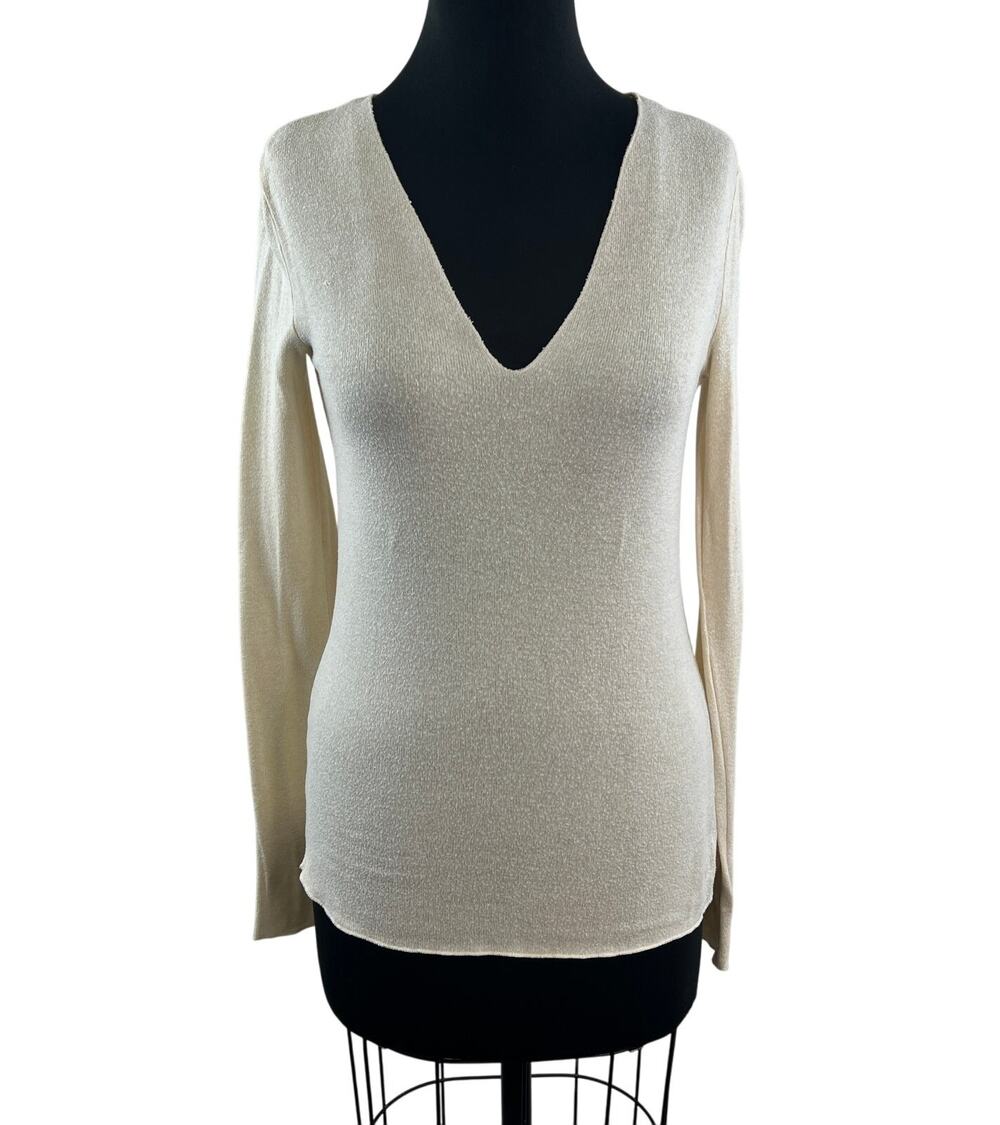 ZARA Beige Sweater Knit Plunge Neck Long Sleeve Classic Pullover Size Small S